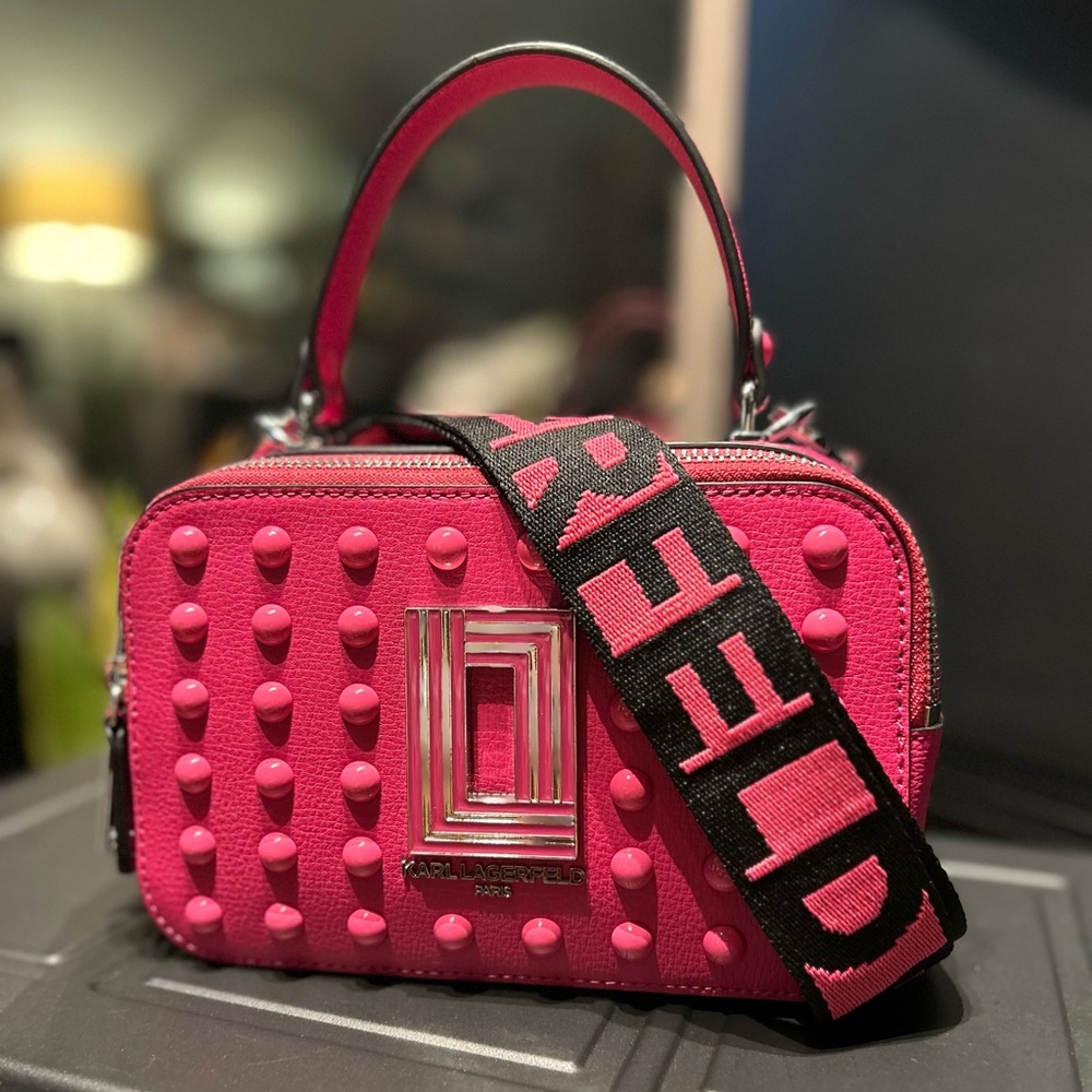 Karl Lagerfeld Paris Women's Simone Studded Leather Camera Bag in fuchsia, NWT